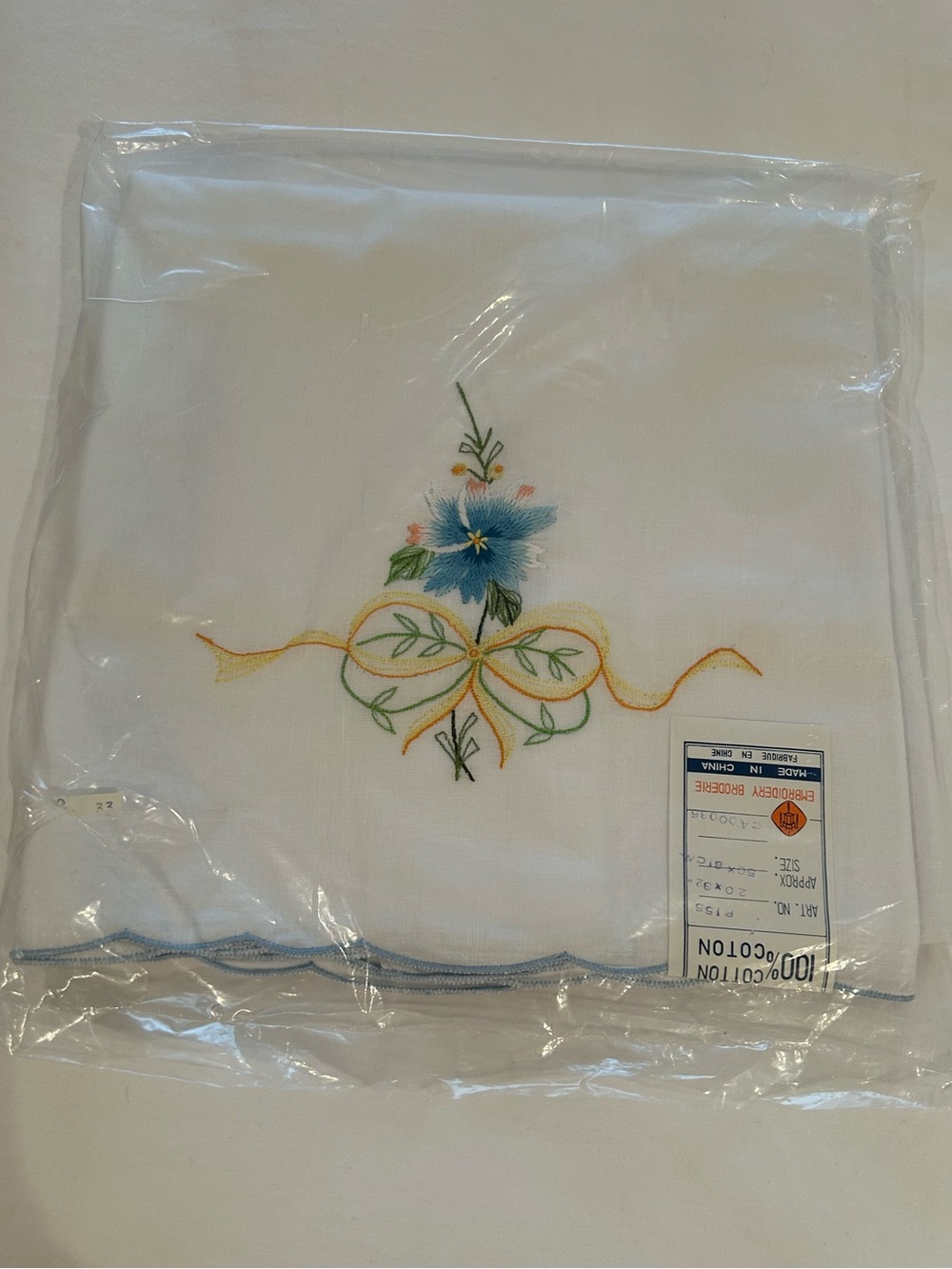 Vintage - Embroidered White Cotton Pillow Case Pair with Blue Floral Motif